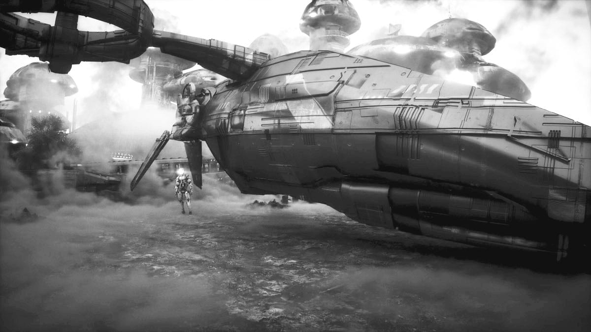 Battleship on the ground near space station